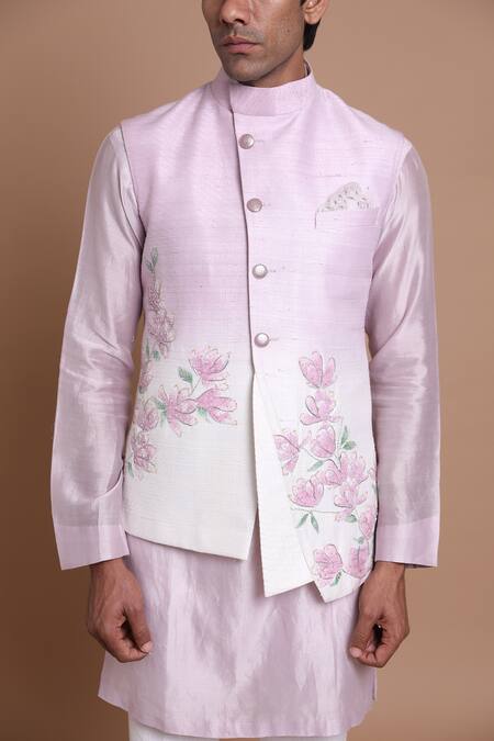 House Of Armuse_Purple Bundi-raw Silk, Kurta- Chanderi Floral Hand Painted And Set _at_Aza_Fashions