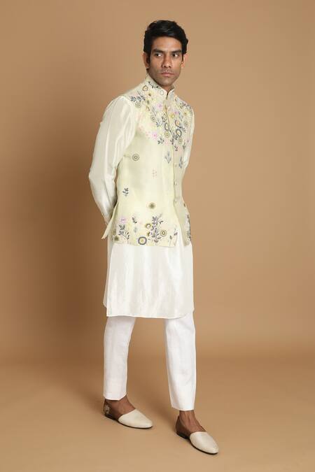 House Of Armuse_Green Bundi-organza Embroidered Floral Bundi And Kurta Set  _Online_at_Aza_Fashions