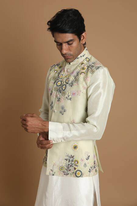 Shop_House Of Armuse_Green Bundi-organza Embroidered Floral Bundi And Kurta Set  _Online_at_Aza_Fashions