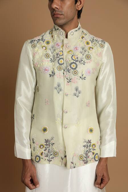 House Of Armuse_Green Bundi-organza Embroidered Floral Bundi And Kurta Set  _at_Aza_Fashions