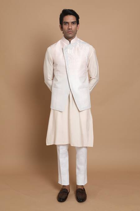 House Of Armuse_Peach Bundi-raw , Kurta- Heavy Geometric Raw And Set _Online_at_Aza_Fashions
