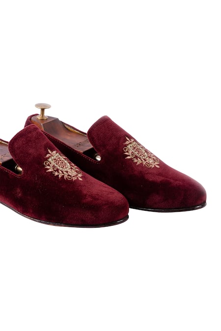 Shop_Artimen_Maroon Velvet Embroidered Loafers _Online_at_Aza_Fashions