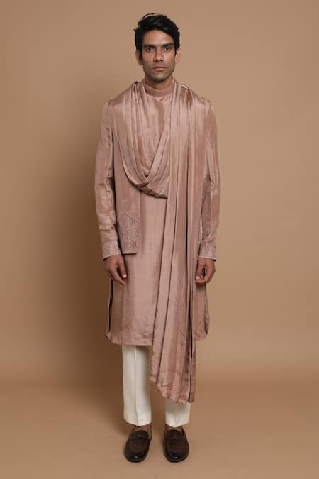 House Of Armuse_Pink Malai Silk Geometric Draped Kurta _Online_at_Aza_Fashions
