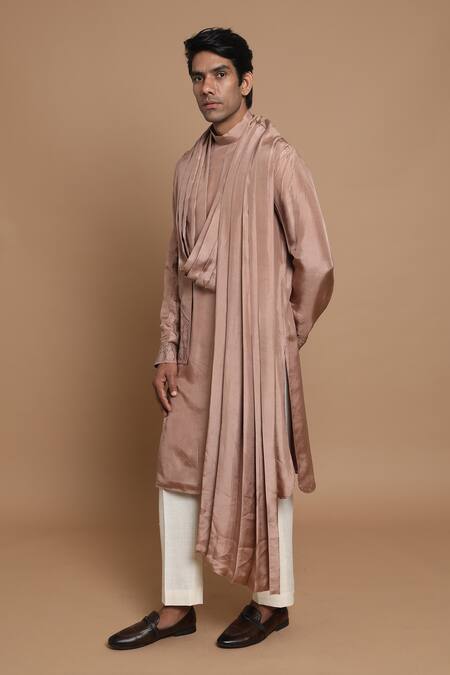 Buy_House Of Armuse_Pink Malai Silk Geometric Draped Kurta _Online_at_Aza_Fashions