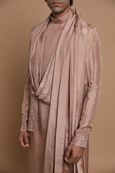 Shop_House Of Armuse_Pink Malai Silk Geometric Draped Kurta _Online_at_Aza_Fashions