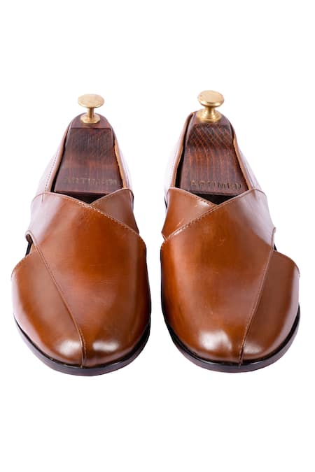 Shop Artimen Brown Handcrafted Leather Peshawaris at Aza Fashions Shop_Artimen_Brown Handcrafted Leather Peshawaris _at_Aza_Fashions
