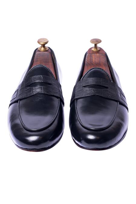 Shop Artimen Black Handcrafted Crocodile Penny Loafers at Aza Fashions Shop_Artimen_Black Handcrafted Crocodile Penny Loafers _at_Aza_Fashions