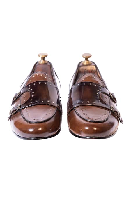 Shop Artimen Brown Handcrafted Double Monk Loafers at Aza Fashions Shop_Artimen_Brown Handcrafted Double Monk Loafers _at_Aza_Fashions