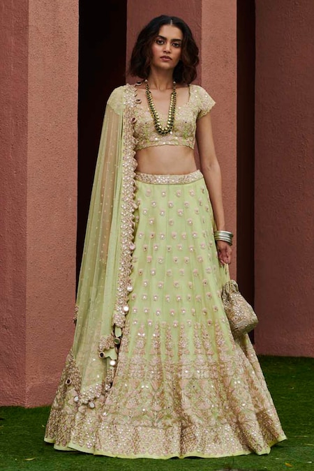 Light Green Coloured Georgette with Sequence Thread Mirror Work Woman –  Royskart