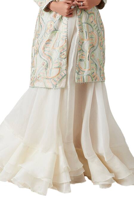 Buy_Amaare_White Taffeta Embroidery Open Embellished Jacket Lehenga Set _Online_at_Aza_Fashions