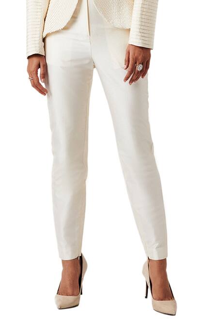 Shop_Amaare_White Taffeta Embroidery Shawl Lapel Pintuck Jacket And Pant Set _Online_at_Aza_Fashions