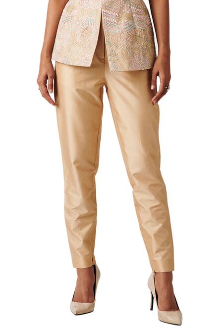 Amaare_Beige Taffeta Embroidery Notched Lapel Embellished Jacket And Pant Set _at_Aza_Fashions