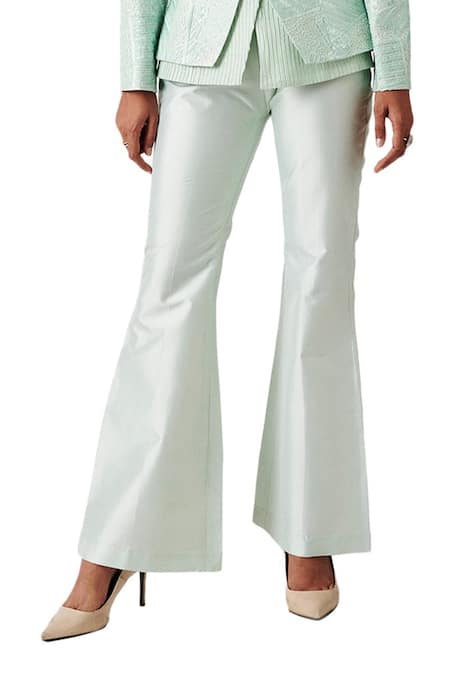 Amaare_Blue Taffeta High Neck Embellished Jacket And Pant Set_at_Aza_Fashions