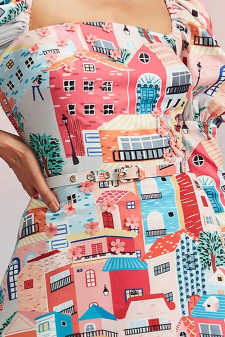 Shop Pankaj & Nidhi Multi Color Heavy Crepe Embroidery Square Neck Printed Dress Online at Aza Fashions Shop_Pankaj & Nidhi_Multi Color Heavy Crepe Embroidery Square Neck Printed Dress _Online_at_Aza_Fashions