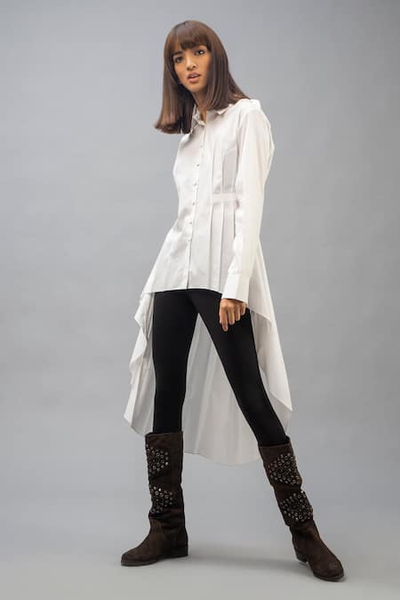 Chillosophy_White Cotton Poplin Shirt Collar Embellished Asymmetric Tunic_Online_at_Aza_Fashions