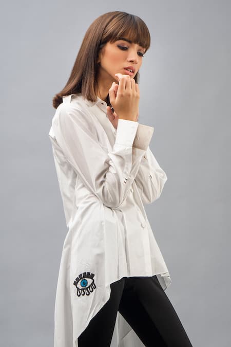 Buy_Chillosophy_White Cotton Poplin Shirt Collar Embellished Asymmetric Tunic_Online_at_Aza_Fashions