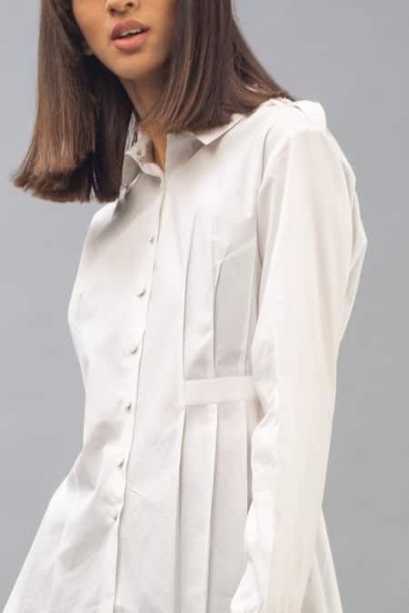 Shop_Chillosophy_White Cotton Poplin Shirt Collar Embellished Asymmetric Tunic_Online_at_Aza_Fashions