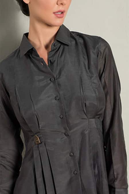 Chillosophy_Grey Cotton Silk Shirt Collar Asymmetric Tunic_Online_at_Aza_Fashions