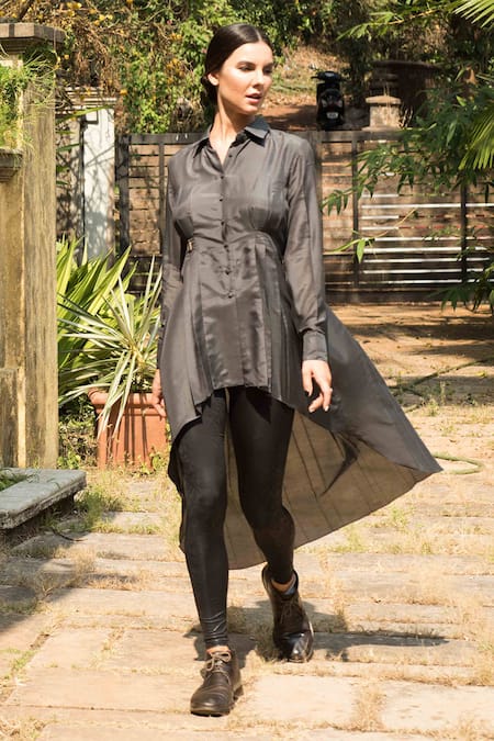 Buy_Chillosophy_Grey Cotton Silk Shirt Collar Asymmetric Tunic_Online_at_Aza_Fashions