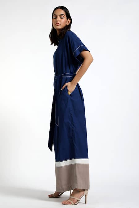 Madder Much_Blue Cotton Plain Round Amani Jumpsuit _at_Aza_Fashions