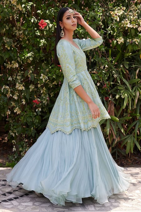 Shop Aman Takyar Blue Georgette, Dupion Silk V Neck Embroidered Kurta And Lehenga at Aza Fashions Shop_Aman Takyar_Blue Georgette, Dupion Silk V Neck Embroidered Kurta And Lehenga _at_Aza_Fashions