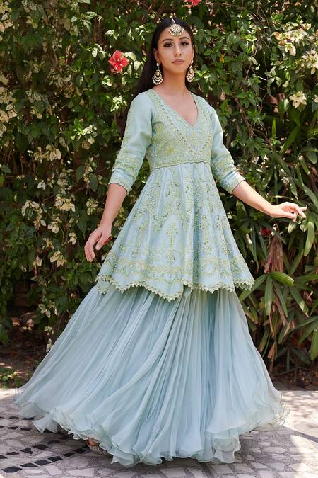 Aman Takyar Blue Georgette, Dupion Silk V Neck Embroidered Kurta And Lehenga Online at Aza Fashions Aman Takyar_Blue Georgette, Dupion Silk V Neck Embroidered Kurta And Lehenga _Online_at_Aza_Fashions