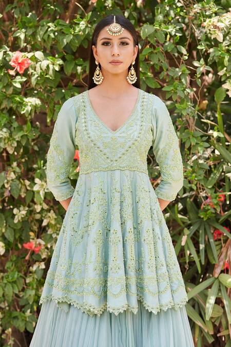 Buy Aman Takyar Blue Georgette, Dupion Silk V Neck Embroidered Kurta And Lehenga Online at Aza Fashions Buy_Aman Takyar_Blue Georgette, Dupion Silk V Neck Embroidered Kurta And Lehenga _Online_at_Aza_Fashions
