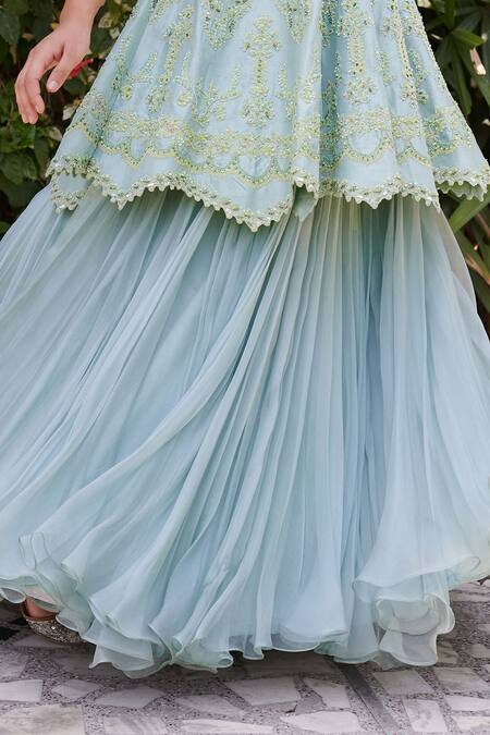 Shop Aman Takyar Blue Georgette, Dupion Silk V Neck Embroidered Kurta And Lehenga Online at Aza Fashions Shop_Aman Takyar_Blue Georgette, Dupion Silk V Neck Embroidered Kurta And Lehenga _Online_at_Aza_Fashions