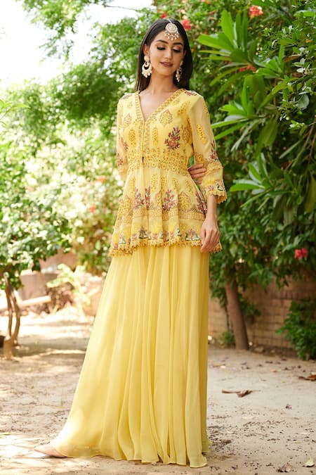 Aman Takyar Yellow Georgette V Neck Embroidered Kurta And Sharara 