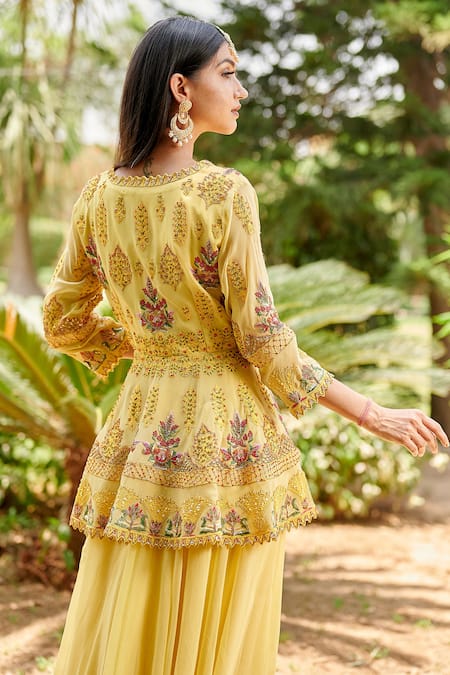 Shop Aman Takyar Yellow Georgette V Neck Embroidered Kurta And Sharara at Aza Fashions Shop_Aman Takyar_Yellow Georgette V Neck Embroidered Kurta And Sharara _at_Aza_Fashions