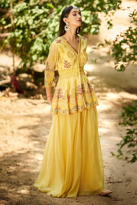 Aman Takyar Yellow Georgette V Neck Embroidered Kurta And Sharara Online at Aza Fashions Aman Takyar_Yellow Georgette V Neck Embroidered Kurta And Sharara _Online_at_Aza_Fashions