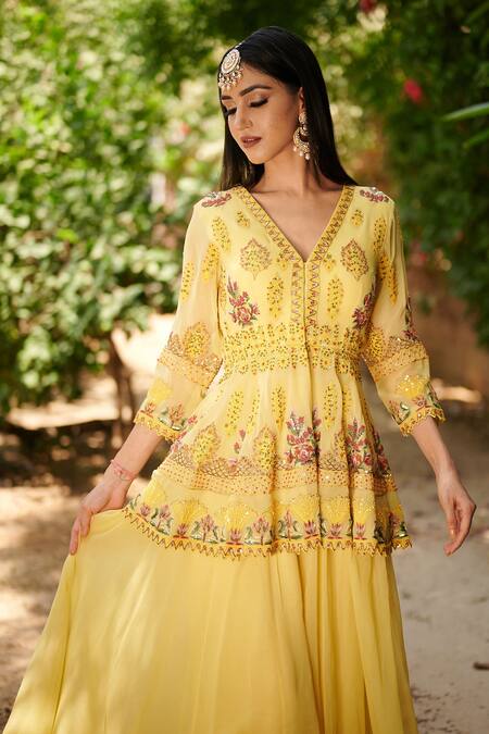 Buy Aman Takyar Yellow Georgette V Neck Embroidered Kurta And Sharara Online at Aza Fashions Buy_Aman Takyar_Yellow Georgette V Neck Embroidered Kurta And Sharara _Online_at_Aza_Fashions