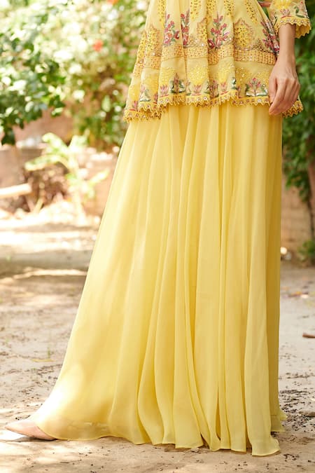 Shop Aman Takyar Yellow Georgette V Neck Embroidered Kurta And Sharara Online at Aza Fashions Shop_Aman Takyar_Yellow Georgette V Neck Embroidered Kurta And Sharara _Online_at_Aza_Fashions