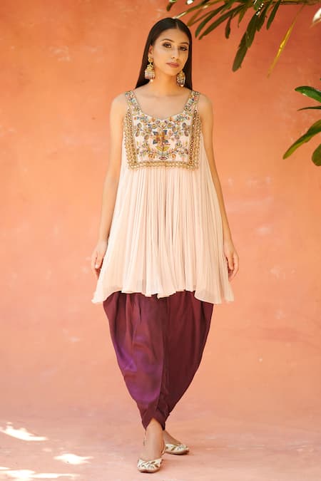 Aman Takyar Beige Georgette, Dupion Silk V Neck Embroidered Kurta And Dhoti Pant  