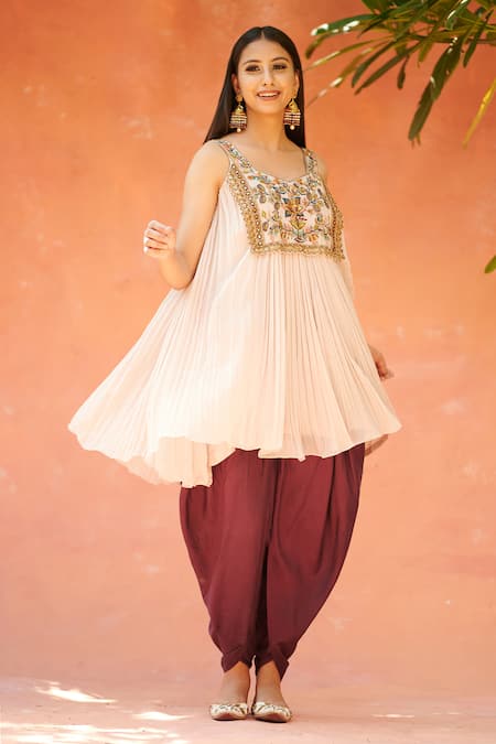 Shop Aman Takyar Beige Georgette, Dupion Silk V Neck Embroidered Kurta And Dhoti Pant at Aza Fashions Shop_Aman Takyar_Beige Georgette, Dupion Silk V Neck Embroidered Kurta And Dhoti Pant _at_Aza_Fashions