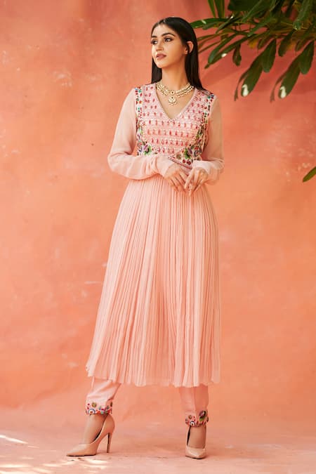 Aman Takyar Pink Georgette V Neck Embroidered Anarkali And Pant 