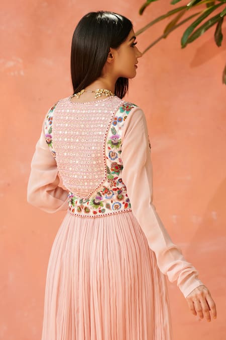 Shop Aman Takyar Pink Georgette V Neck Embroidered Anarkali And Pant at Aza Fashions Shop_Aman Takyar_Pink Georgette V Neck Embroidered Anarkali And Pant _at_Aza_Fashions