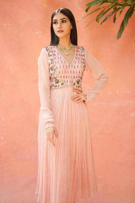 Aman Takyar Pink Georgette V Neck Embroidered Anarkali And Pant Online at Aza Fashions Aman Takyar_Pink Georgette V Neck Embroidered Anarkali And Pant _Online_at_Aza_Fashions