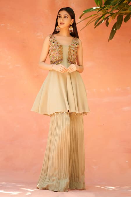 Aman Takyar Green Georgette Scoop Neck Embroidered Kurta And Sharara Online at Aza Fashions Aman Takyar_Green Georgette Scoop Neck Embroidered Kurta And Sharara _Online_at_Aza_Fashions