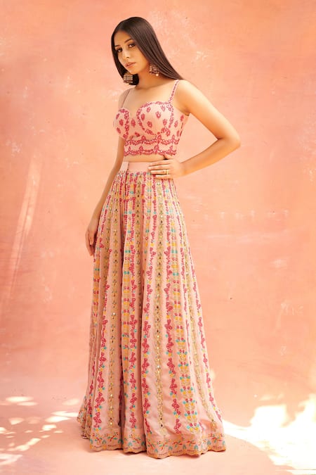 Shop Aman Takyar Peach Georgette Sweetheart Neck Embroidered Sharara Blouse Set at Aza Fashions Shop_Aman Takyar_Peach Georgette Sweetheart Neck Embroidered Sharara Blouse Set _at_Aza_Fashions