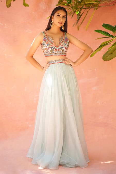 Aman Takyar Blue Georgette Embroidered Lehenga Blouse Set 