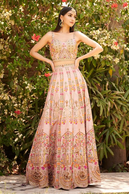Aman Takyar Pink Raw Silk Sweetheart Neck Embroidered Lehenga Blouse Set 