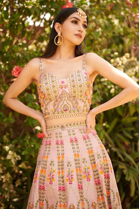 Buy Aman Takyar Pink Raw Silk Sweetheart Neck Embroidered Lehenga Blouse Set Online at Aza Fashions Buy_Aman Takyar_Pink Raw Silk Sweetheart Neck Embroidered Lehenga Blouse Set _Online_at_Aza_Fashions