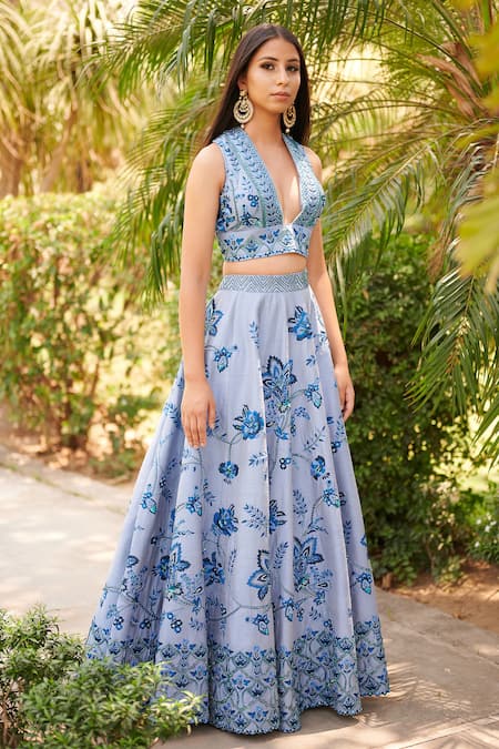 Shop Aman Takyar Blue Dupion Silk U Neck Embroidered Lehenga Blouse Set at Aza Fashions Shop_Aman Takyar_Blue Dupion Silk U Neck Embroidered Lehenga Blouse Set _at_Aza_Fashions
