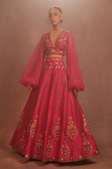 Shop Aman Takyar Pink Georgette, Dupion Silk V Neck Embroidered Lehenga Set at Aza Fashions Shop_Aman Takyar_Pink Georgette, Dupion Silk V Neck Embroidered Lehenga Set _at_Aza_Fashions