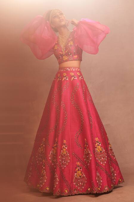 Aman Takyar Pink Georgette, Dupion Silk V Neck Embroidered Lehenga Set Online at Aza Fashions Aman Takyar_Pink Georgette, Dupion Silk V Neck Embroidered Lehenga Set _Online_at_Aza_Fashions