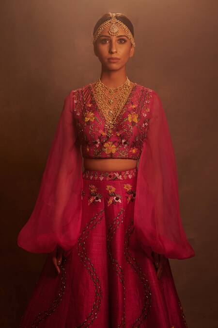 Buy Aman Takyar Pink Georgette, Dupion Silk V Neck Embroidered Lehenga Set Online at Aza Fashions Buy_Aman Takyar_Pink Georgette, Dupion Silk V Neck Embroidered Lehenga Set _Online_at_Aza_Fashions
