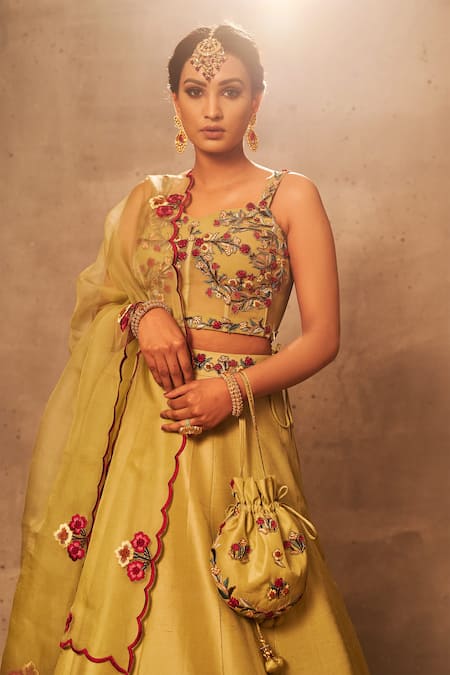 Aman Takyar Green Georgette, Dupion Silk Sweetheart Neck Embroidered Bridal Lehenga Set Online at Aza Fashions Aman Takyar_Green Georgette, Dupion Silk Sweetheart Neck Embroidered Bridal Lehenga Set _Online_at_Aza_Fashions