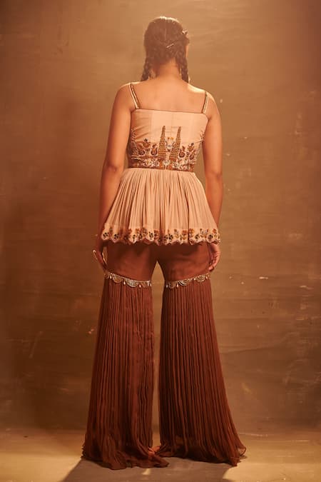 Shop Aman Takyar Beige Georgette, Dupion Silk Notched Embroidered Kurta And Sharara at Aza Fashions Shop_Aman Takyar_Beige Georgette, Dupion Silk Notched Embroidered Kurta And Sharara _at_Aza_Fashions