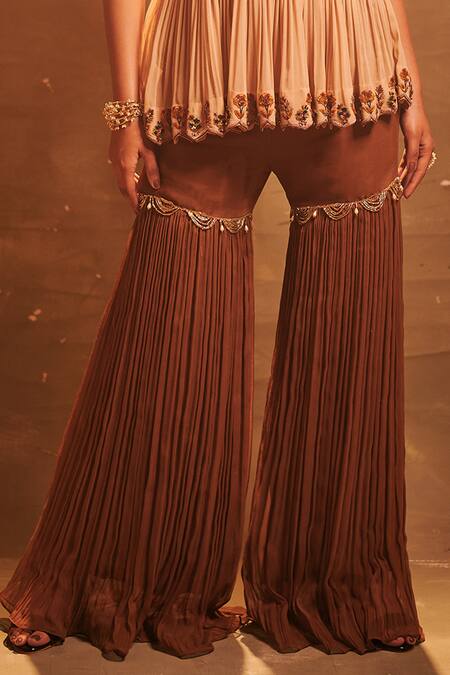 Shop_Aman Takyar_Beige Georgette, Dupion Silk Notched Embroidered Kurta And Sharara _Online_at_Aza_Fashions